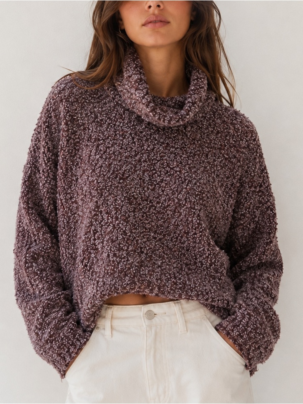 Free People Sweater Draped Hyacinth Purple Maroon Oversized Boxy Funnel Neck